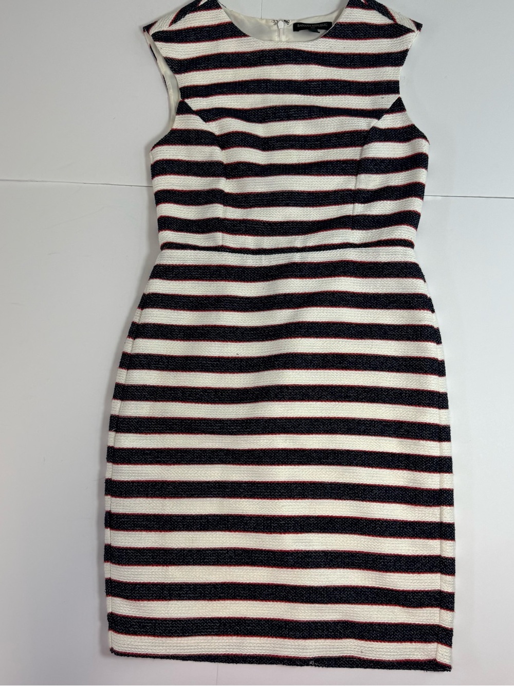 Banana Republic Sleeveless Striped Midi Dress in White, Black and Red